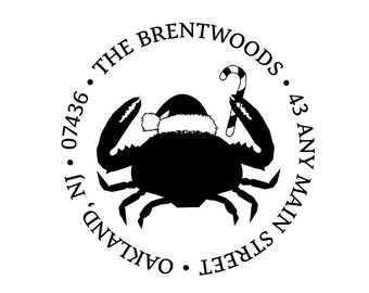 Crab Christmas Santa Candy Cane Address Rubber Stamp or Self Inking Stamp - Nautical Holiday Mailing Personalized Custom