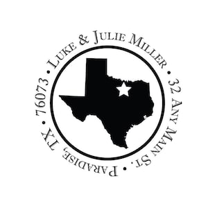 May include: Black and white return address stamp with the text "LUKE & JULIE MILLER", "32 ANY MAIN ST", "PARADISE, TX 76073" and an outline of the state of Texas with a white star.