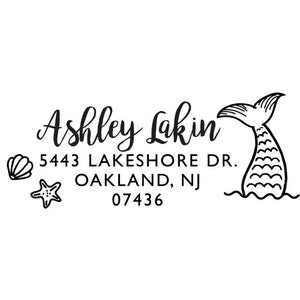 Mermaid Tail Address Stamp, Rubber Stamp or Self Inking Stamp, Preppy Nautical Ocean Housewarming Gift Ocean