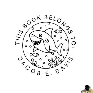 Personalized Shark Book Stamp: Custom Kids&#39; Ex Libris Rubber Stamp