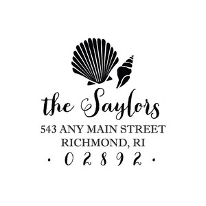 May include: Black and white return address stamp with a seashell design. The text reads "the Saylors 543 ANY MAIN STREET RICHMOND, RI . 02892 ."
