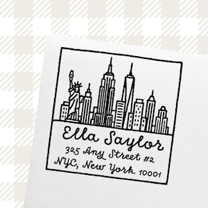 NYC Skyline Address Stamp, Personalized New York Return Address, Custom Cityscape Rubber or Self‑Inking Stamp for Housewarming, Wedding Mail