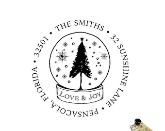 Snow Globe Christmas Address Stamp: Personalized Holiday Rubber Stamp or Self Ink