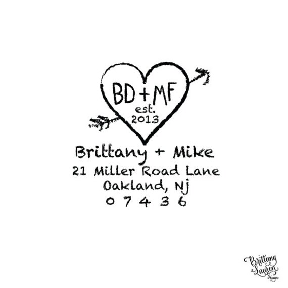 Carved Initials Stamp Personalized Custom Heart Favor Names Arrow Rubber Stamp or Self Inking Rustic Woodland