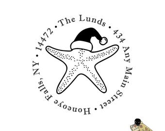Starfish Santa Hat Return Address Stamp: Beach Holiday Cards