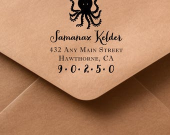 Ocean Octopus Address Stamp: Custom Nautical Rubber Stamp