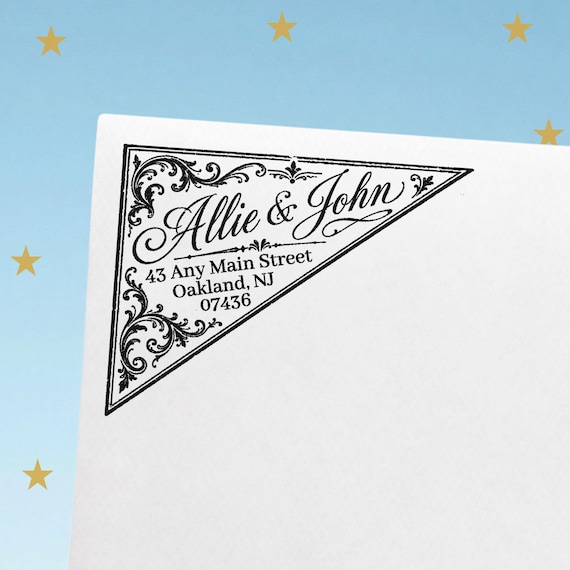 Personalized Corner Vintage Address Stamp, Elegant Script Return Stamp (Wood Mounted or Self-Inking)