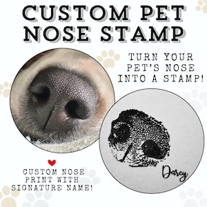 May include: A close-up of a dog's nose, with a black and white print of the nose on a white background. The print has the name "Darcy" written underneath. The text "CUSTOM PET NOSE STAMP" is at the top of the image, and the text "TURN YOUR PET'S NOSE INTO A STAMP!" is on the right side of the image. The text "CUSTOM NOSE PRINT WITH SIGNATURE NAME!" is at the bottom of the image.