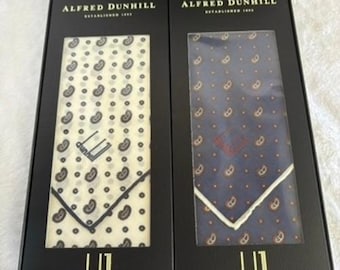 ALFRED DUNHILL Paisley Pocket Square Set of 2 gift box Navy Blue Cream Silk