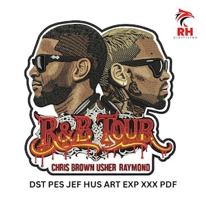 Könnte beinhalten: Gestickter Aufnäher mit zwei Seitenprofilen von Männern mit Sonnenbrillen. Der Text "R&B TOUR" ist in Rot und Gelb gehalten, darunter steht "CHRIS BROWN USHER RAYMOND". Der Aufnäher ist schwarz umrandet.