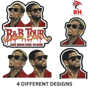 Könnte beinhalten: Vier Stickmuster-Designs mit Porträts von zwei Männern mit schwarzer Sonnenbrille und roten Jacken. Ein Design enthält den roten Schriftzug R&B TOUR und die Namen CHRIS BROWN USHER RAYMOND. Die Designs sind mit schwarzem Garn umrandet.