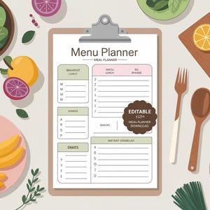 Menu Planner Meal Planner | Weekly Meal Planning Template | Printable , Editable PDF | Grocery List & Meal Prep Organizer