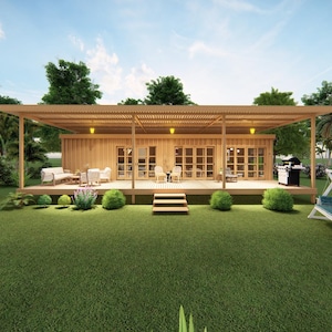 Moderne 1BR Container Home Plan | Offenes Layout + Outdoor Lounge | Sofortiger Download PDF + 3D gerenderte Bilder