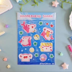 Arkusz naklejek z rekinem młotem – Kawaii naklejki z rekinem, błyszczące, ręcznie robione artykuły papiernicze