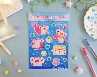Arkusz naklejek z rekinem młotem – Kawaii naklejki z rekinem, błyszczące, ręcznie robione artykuły papiernicze