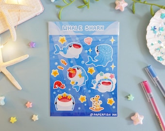 Whale Shark Sticker Sheet – Kawaii Ocean Vinyl Stickers, Glossy Handmade Stationery