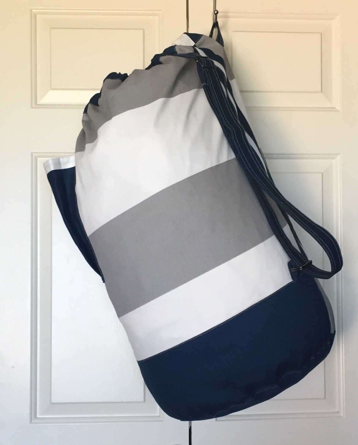 Monogrammed Laundry Duffel Bag, Navy Blue, Gray Cabana Stripe, Laundry