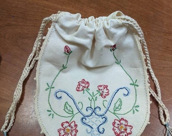 Vintage Embroidered Drawstring Bag Pouch Purse 2 Sided