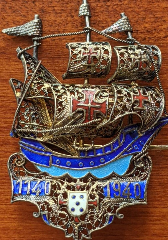 Vintage Silver Ship Brooch Pin Portugal Century E… - image 2