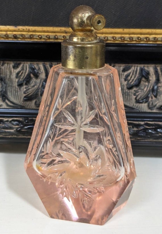 Vintage Cut Pink Glass Perfume Bottle Atomizer 3 S