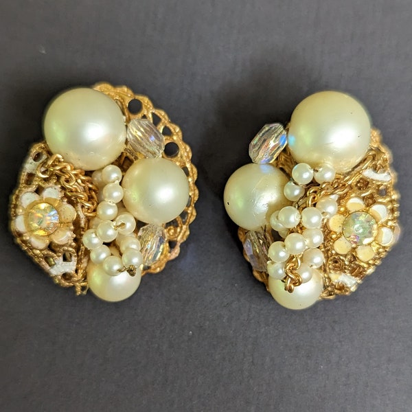 Vintage Clip On Earrings Faux Pearl Gold Tone Rhinestone