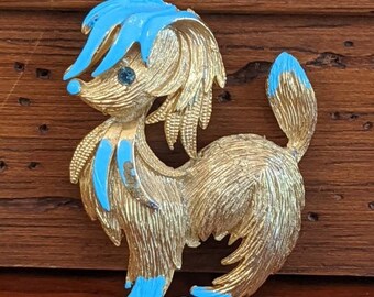 Dog Brooch Pin Gold Tone Blue Enamel Vintage Pup Doggy