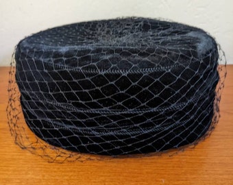 Vintage Black Velvet Pillbox Hat Veil Mid Century