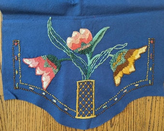 Vintage Felt Embroidered Table Runner Floral Blue Embroidery Cutter