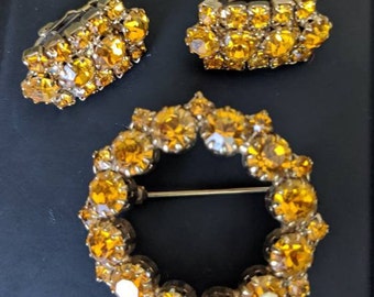 Vintage Brooch Pin Clip Earrings Set Topaz Rhinestones