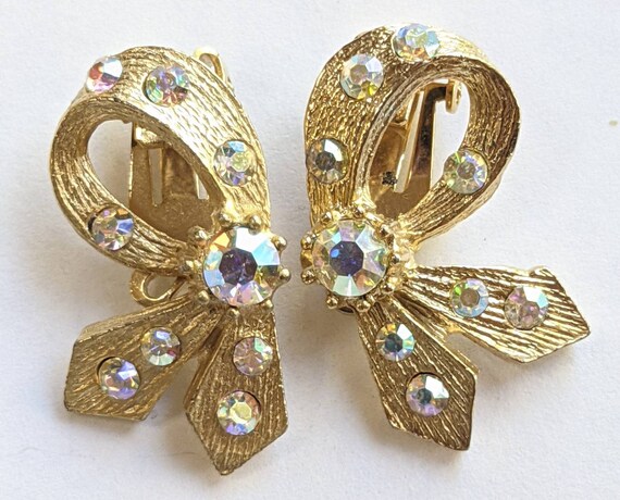 Vintage Earrings Aurora Borealis Textured Gold To… - image 1