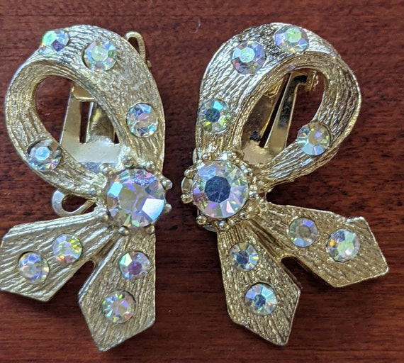 Vintage Earrings Aurora Borealis Textured Gold To… - image 5