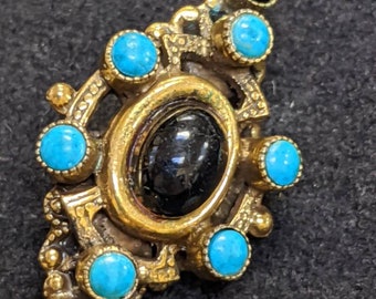 Original by Robert Brooch Vintage Bar Pin Turquoise Black Stone