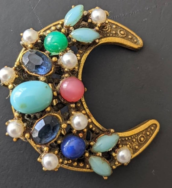 Vintage Coro Brooch Pin Crescent Moon Shape - image 4