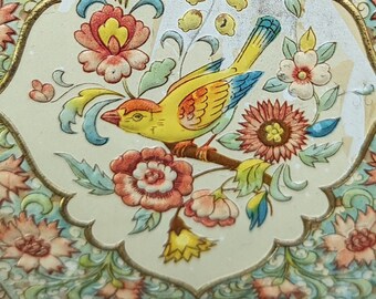 Vintage Tin Container Bird Floral Holland Made Lid