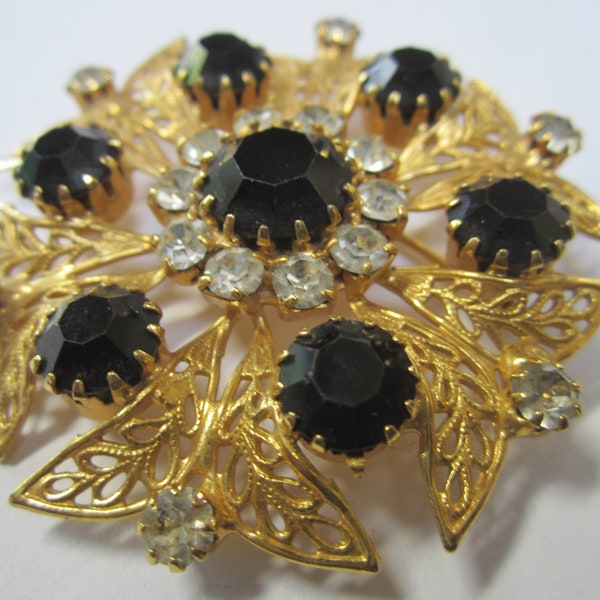 Vintage Celebrity NY Gold Black Rhinestone Brooch Scarf Pin Filigree Butterfly