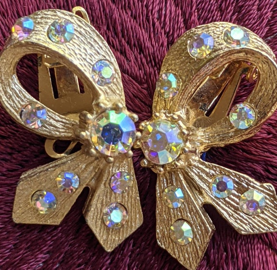 Vintage Earrings Aurora Borealis Textured Gold To… - image 3