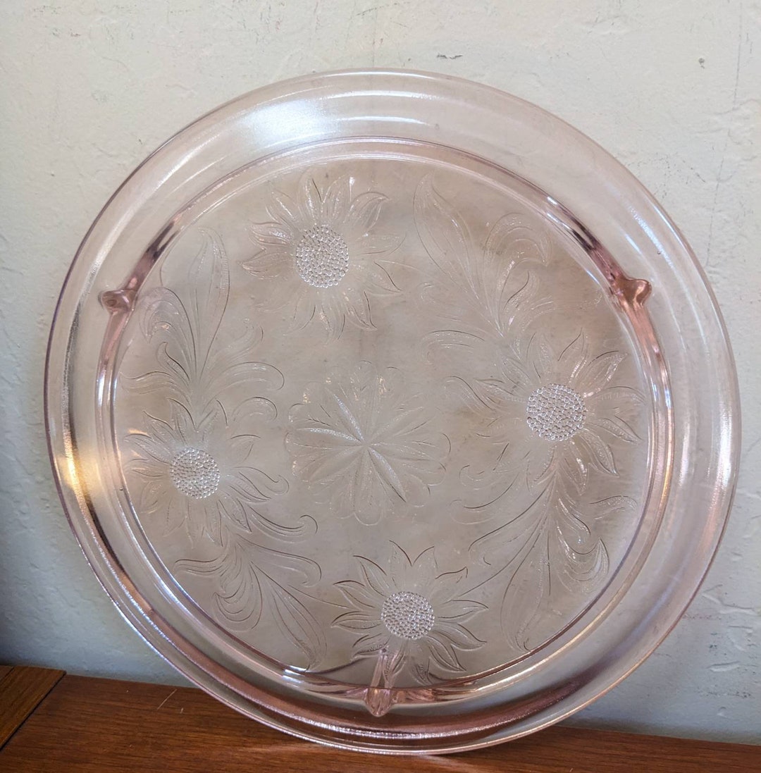 Vintage Pink Depression Glass Cake Stand Plate Sunflower Etsy