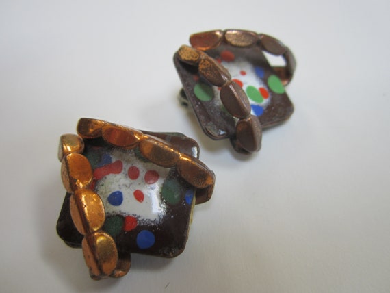 Vintage Matisse Copper Enamel Clip On Earrings - image 1