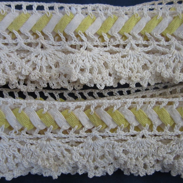 Vintage Crochet Trim Cream and Yellow Rick Rack Ribbon 2 Pieces