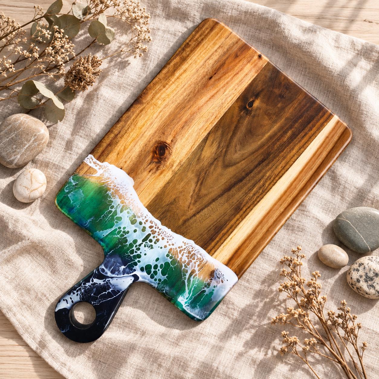 Personalized Cutting Board with Ocean Resin Design, Custom Charcuterie Gift for Wedding, Engraved Acacia Wood Kitchen Decor