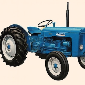 May include: A vintage blue tractor with black tires and white rims. The tractor has a black exhaust pipe and a small steering wheel. The tractor has the text "76546RX" on the side.