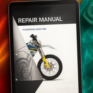 May include: A digital tablet displays a repair manual for a motorcycle. The manual cover features the text "REPAIR MANUAL" and "PIONEERIENG SINCE 1903". A detailed illustration and a photograph of a motorcycle are visible.