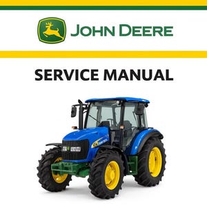 Puede incluir: Un tractor John Deere azul y amarillo con las palabras "SERVICE MANUAL" encima. El logotipo de John Deere está en la esquina superior izquierda. El tractor tiene neumáticos negros grandes y llantas amarillas.