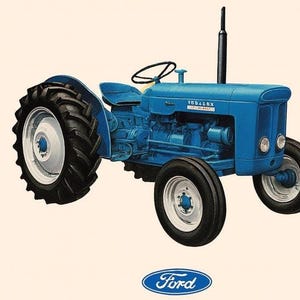 May include: A vintage blue Ford tractor illustration. The tractor features a black exhaust pipe, a black steering wheel, and white wheels. The Ford logo is at the bottom. The tractor is a classic piece of agricultural machinery.