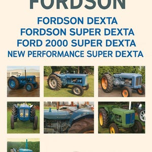 May include: A manual cover with the text "SHOP MANUAL FORDSON" in blue. Below are images of Fordson tractors. The Ford logo is at the bottom, with "Ford Tractor Operations" below it.