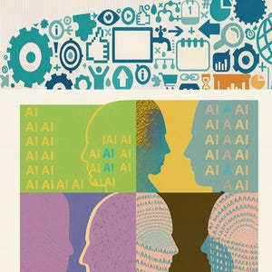 Könnte beinhalten: Abstrakte Illustration mit digitalen Symbolen in Blau- und Türkistönen oben. Darunter zeigen vier Tafeln menschliche Profile mit den Buchstaben "AI" in Wiederholung, die künstliche Intelligenz und Technologie symbolisieren.