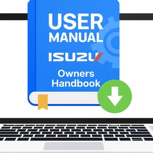 May include: A laptop displays a blue "USER MANUAL ISUZU Owners Handbook" with a gear icon and a green download arrow. The laptop is white and black, with a keyboard at the bottom.
