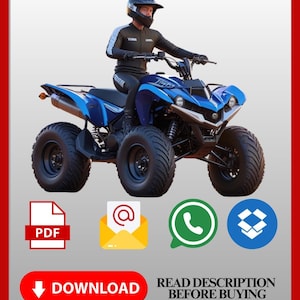 May include: A blue Yamaha ATV with black tires and a rider wearing a helmet and riding gear. The ATV has the word "Raptor" on the side. The image also includes icons for PDF, email, WhatsApp, and Dropbox, with the text "DOWNLOAD" and "READ DESCRIPTION BEFORE BUYING".