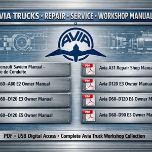 Puede incluir: Gráfico digital con el texto "AVIA TRUCKS REPAIR SERVICE WORKSHOP MANUALS". Un logotipo con un pájaro está centrado. La imagen muestra una colección de manuales PDF para camiones Avia, incluyendo manuales de reparación y del propietario.