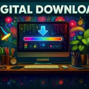 May include: A computer monitor displaying a digital download progress bar with a rainbow gradient. The desk includes a lamp, pencils, a clock, and a plant. The words "DIGITAL DOWNLOAD" are at the top of the image.